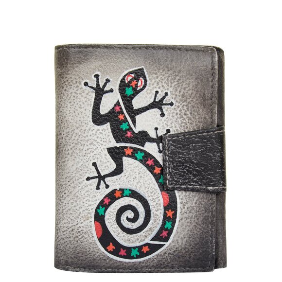 Hand-Painted Black Lizard Leather Trifold Wallet with Card Slots for Women - Picture 1 of 7